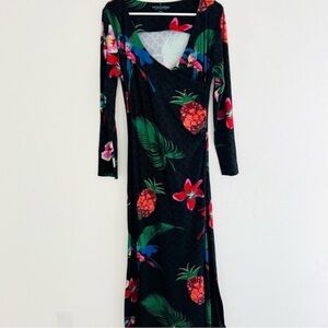 Soft Surroundings Black Floral Tropical Long Sleeve Stretchy Maxi Dress Medium